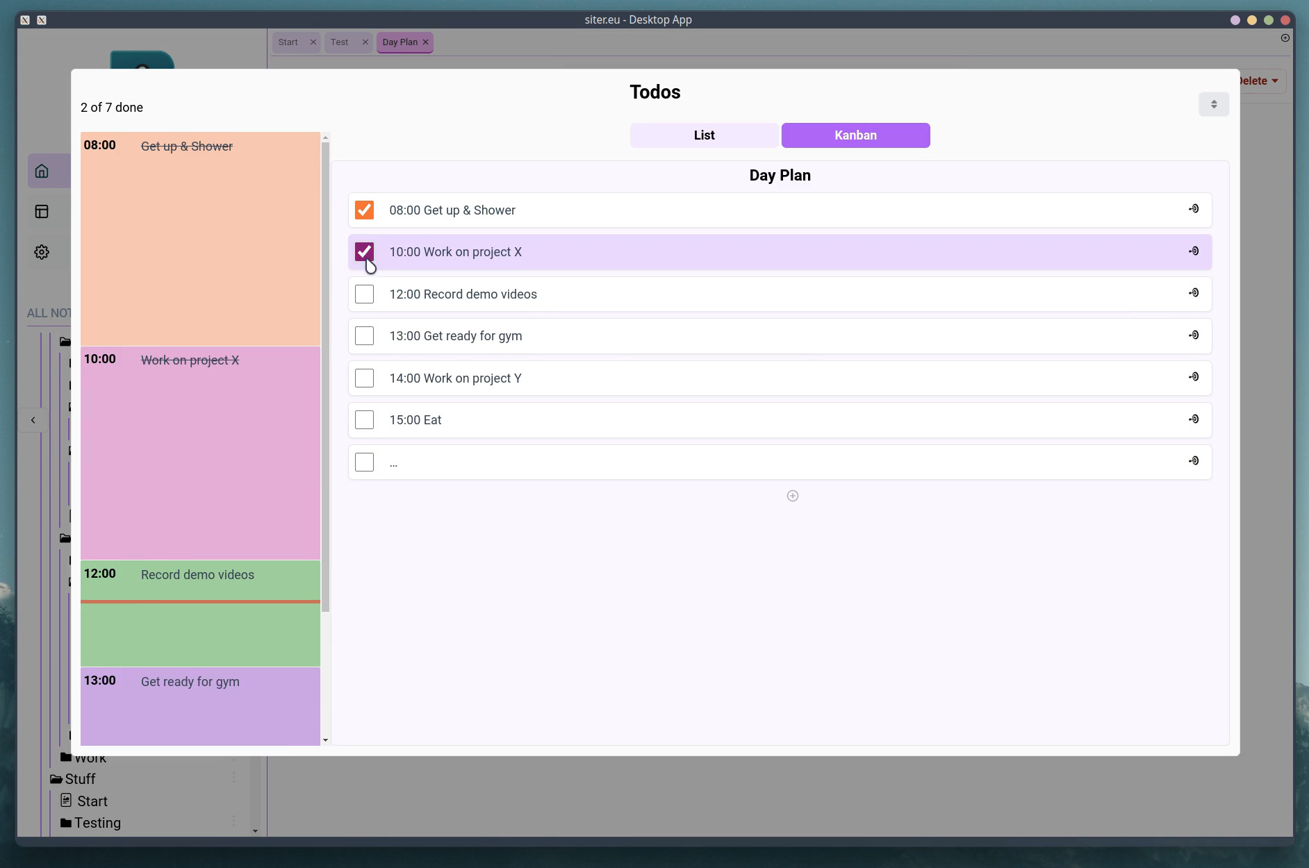 Screenshot of the day planning interface, showing a list of day tasks and a visual timeline of all todos